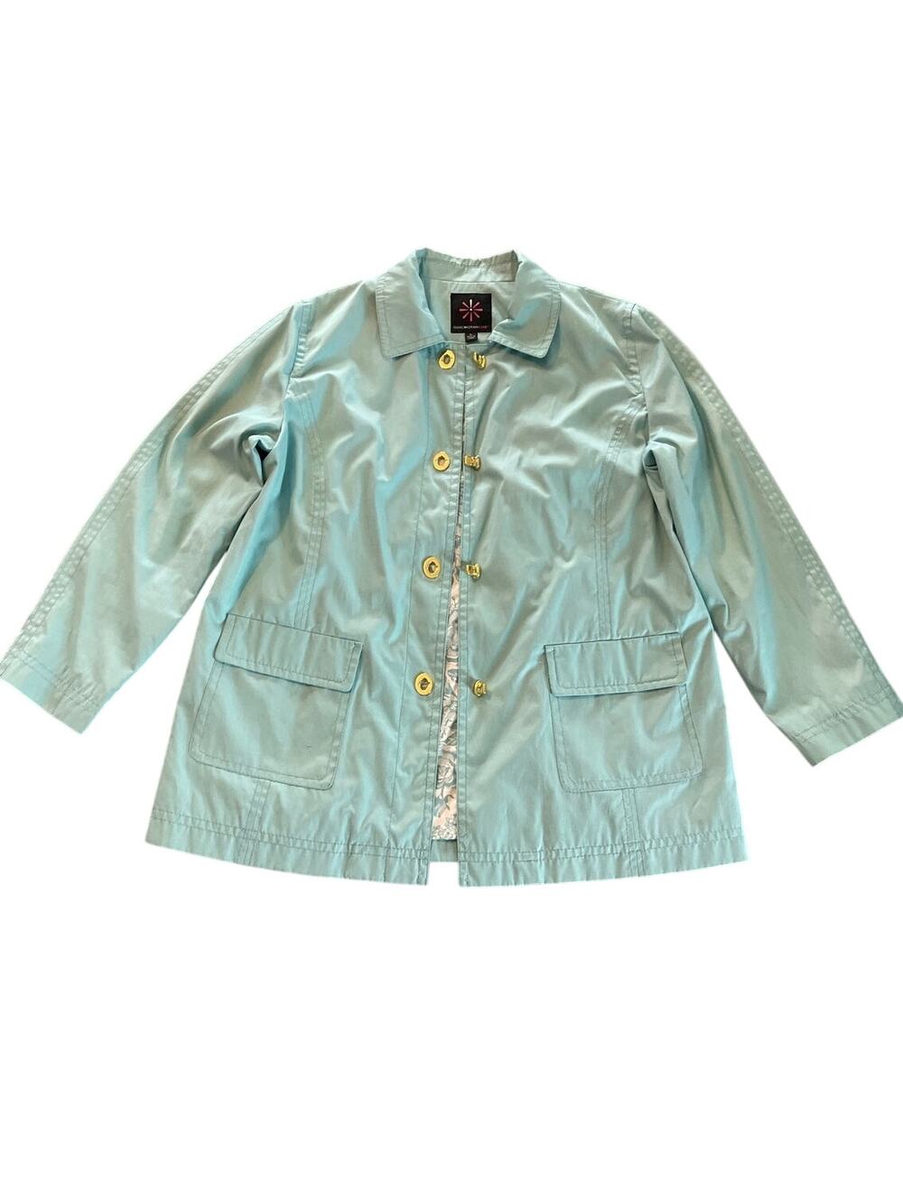 Isaac Mizrahi Live Women Turquoise LS Rain Jacket Pockets Gold Twist Locks Sz L